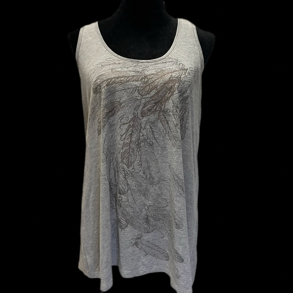 L.O.L. Vintage L Feather Graphic Racerback Tank Top Gray Boho Festival Flowy Tee